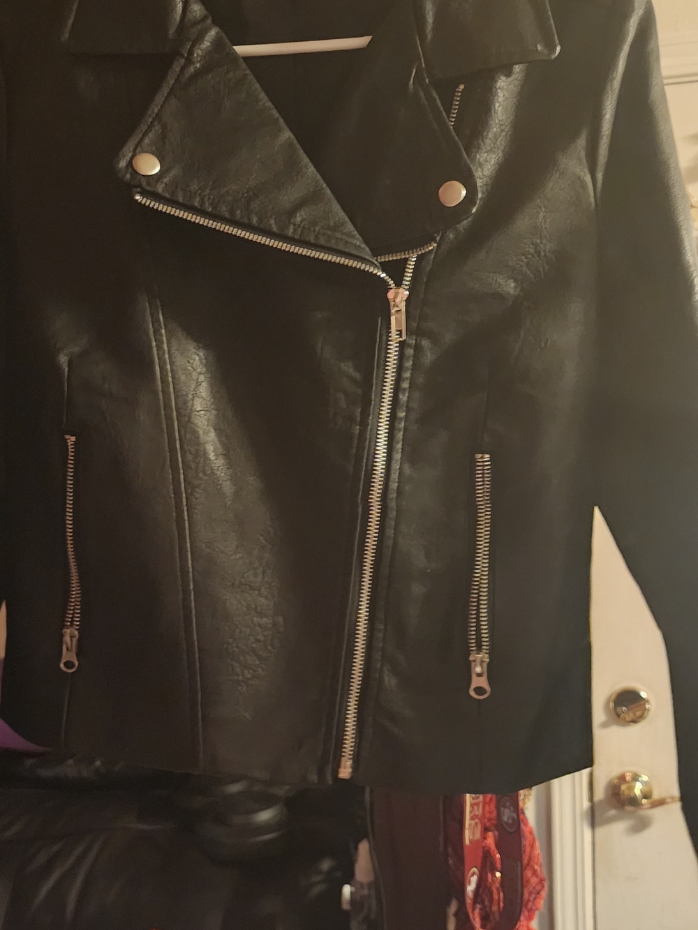 Women’s Black Faux Leather Moto Jacket with Zip Pockets